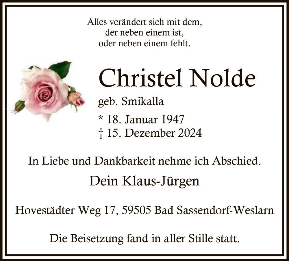  Traueranzeige für Christel Nolde vom 28.12.2024 aus WA