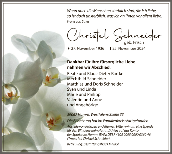 Traueranzeige von Christel Schneider von WA