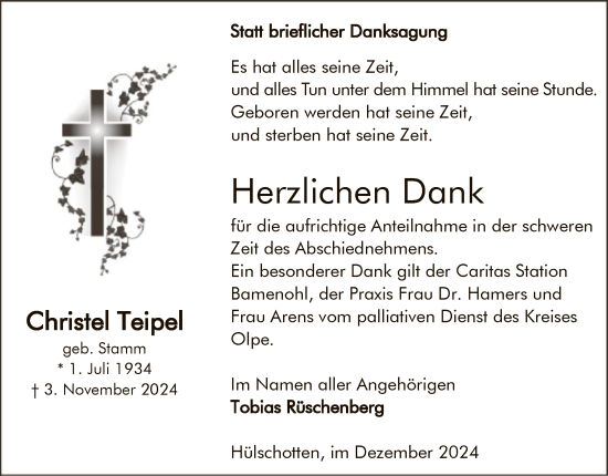 Traueranzeige von Christel Teipel von WA
