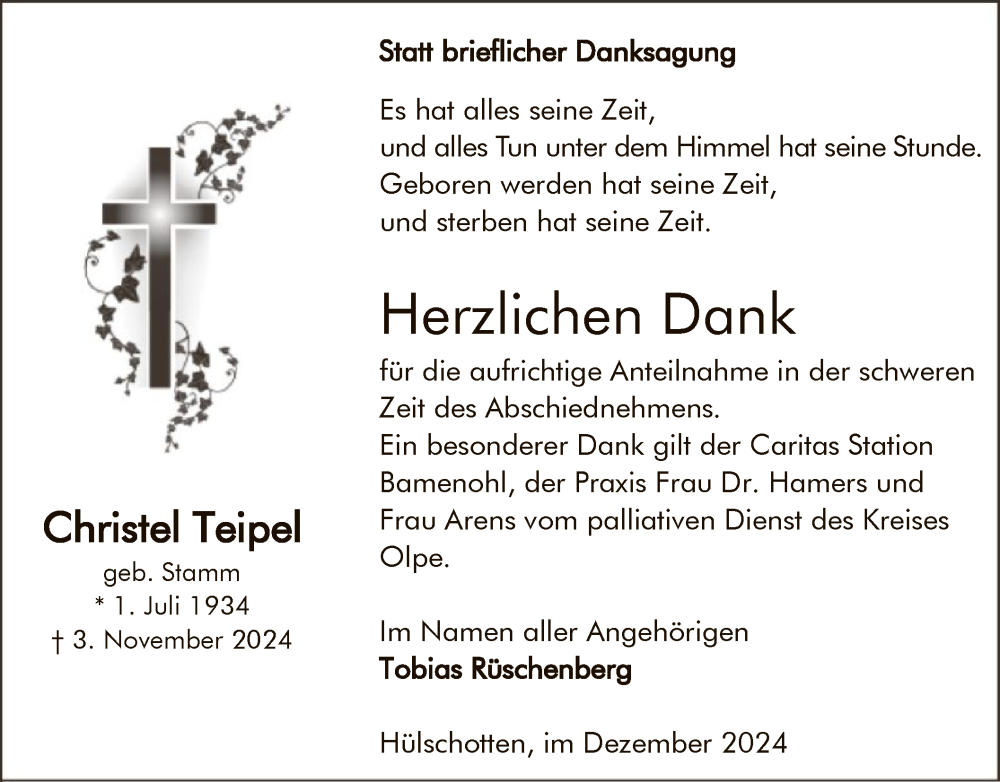  Traueranzeige für Christel Teipel vom 21.12.2024 aus WA