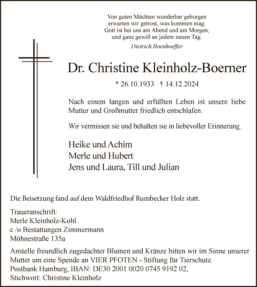  Traueranzeige für Christine Kleinholz-Boerner vom 21.12.2024 aus WA