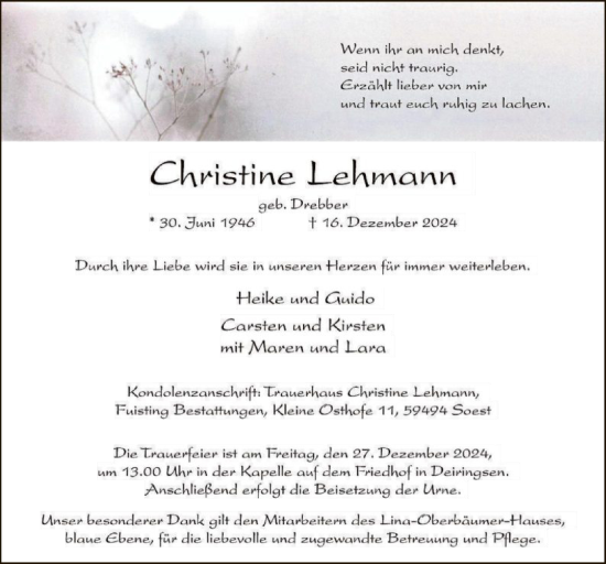 Traueranzeige von Christine Lehmann von WA