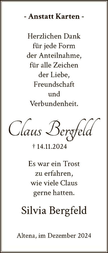  Traueranzeige für Claus Bergfeld vom 23.12.2024 aus WA