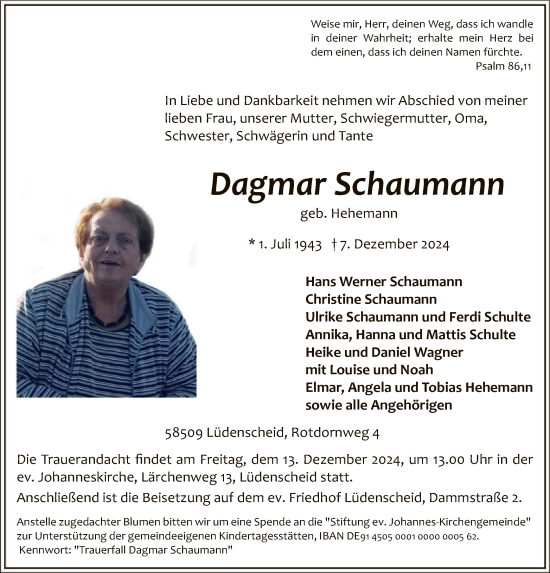 Traueranzeige von Dagmar Schaumann von WA