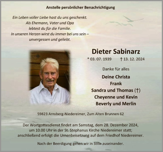 Traueranzeige von Dieter Sabinarz von WA