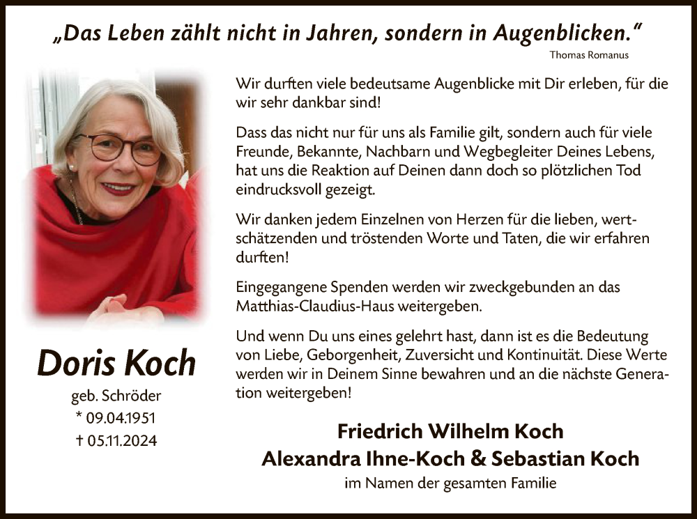  Traueranzeige für Doris Koch vom 21.12.2024 aus WA