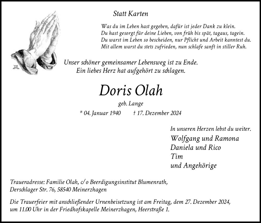  Traueranzeige für Doris Olah vom 21.12.2024 aus WA