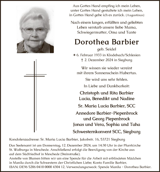 Traueranzeige von Dorothea Barbier von WA
