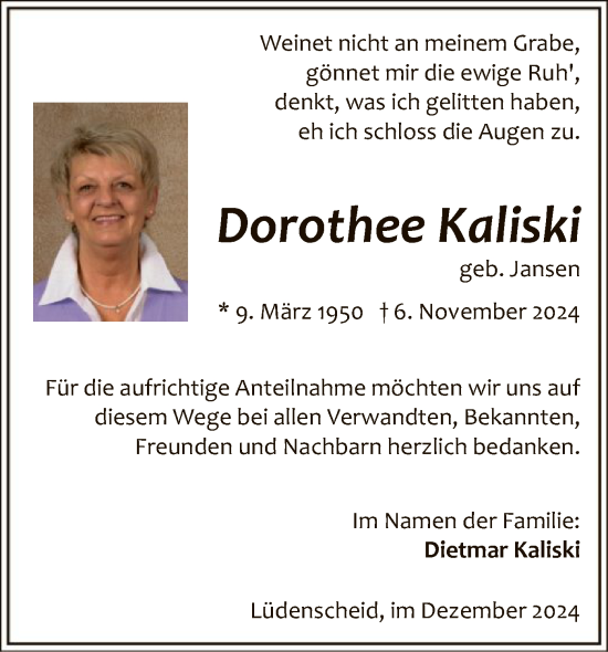 Traueranzeige von Dorothee Kaliski von WA