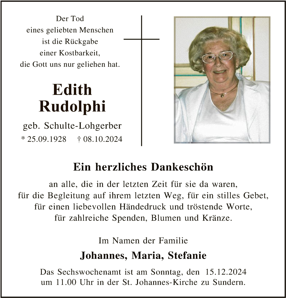  Traueranzeige für Edith Rudolphi vom 07.12.2024 aus WA