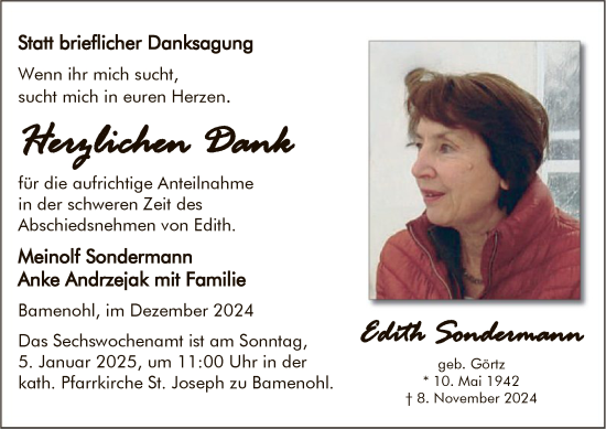 Traueranzeige von Edith Sondermann von WA