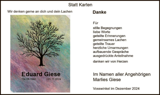 Traueranzeige von Eduard Giese von WA