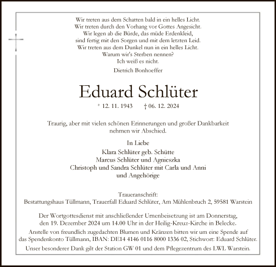 Traueranzeige von Eduard Schlüter von WA