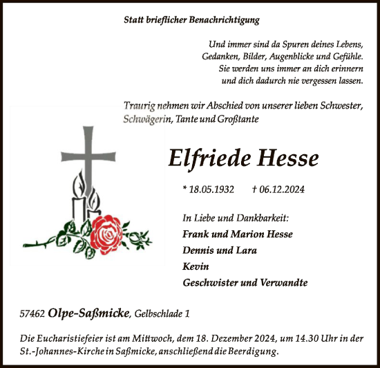 Traueranzeige von Elfriede Hesse von WA