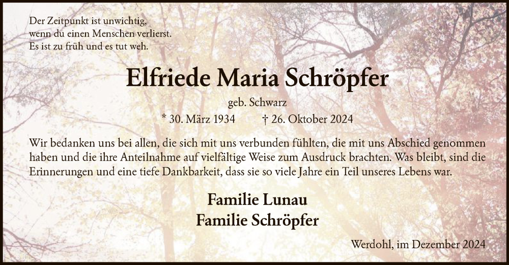  Traueranzeige für Elfriede Maria Schröpfer vom 07.12.2024 aus WA