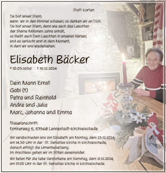 Traueranzeige von Elisabeth Bäcker von WA