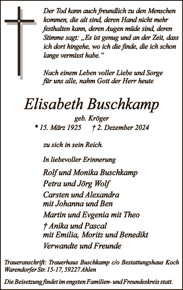  Traueranzeige für Elisabeth Buschkamp vom 07.12.2024 aus WA