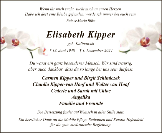 Traueranzeige von Elisabeth Kipper von WA