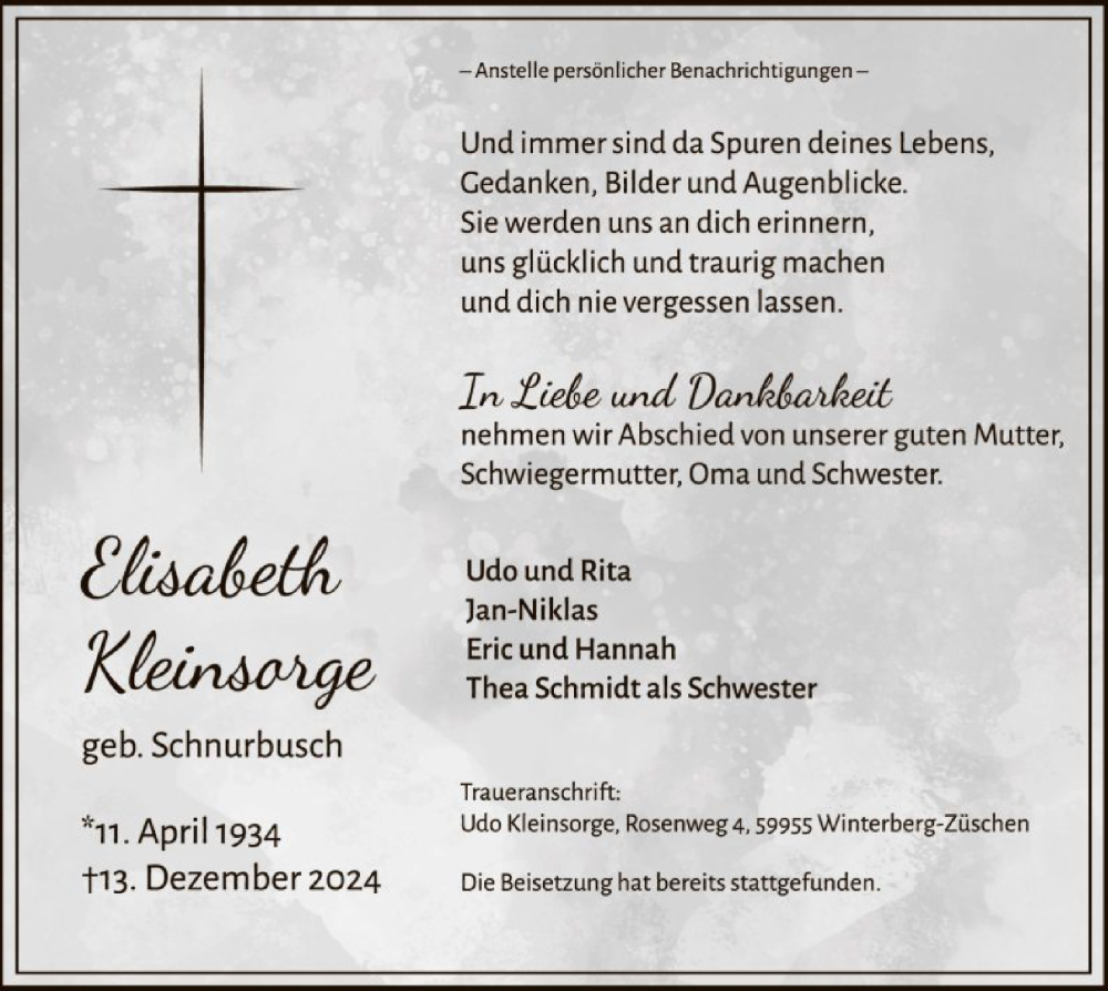  Traueranzeige für Elisabeth Kleinsorge vom 21.12.2024 aus WA