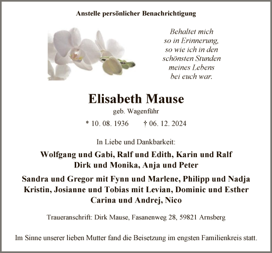 Traueranzeige von Elisabeth Mause von WA