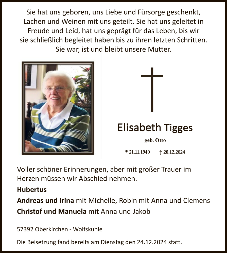  Traueranzeige für Elisabeth Tigges vom 28.12.2024 aus WA