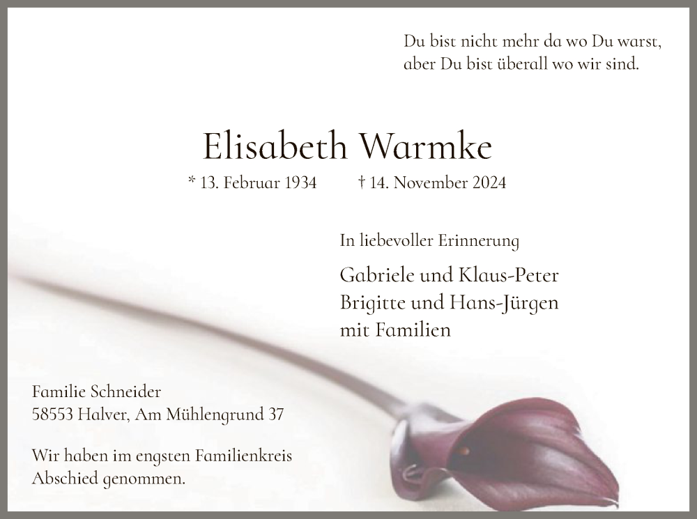  Traueranzeige für Elisabeth Warmke vom 07.12.2024 aus WA