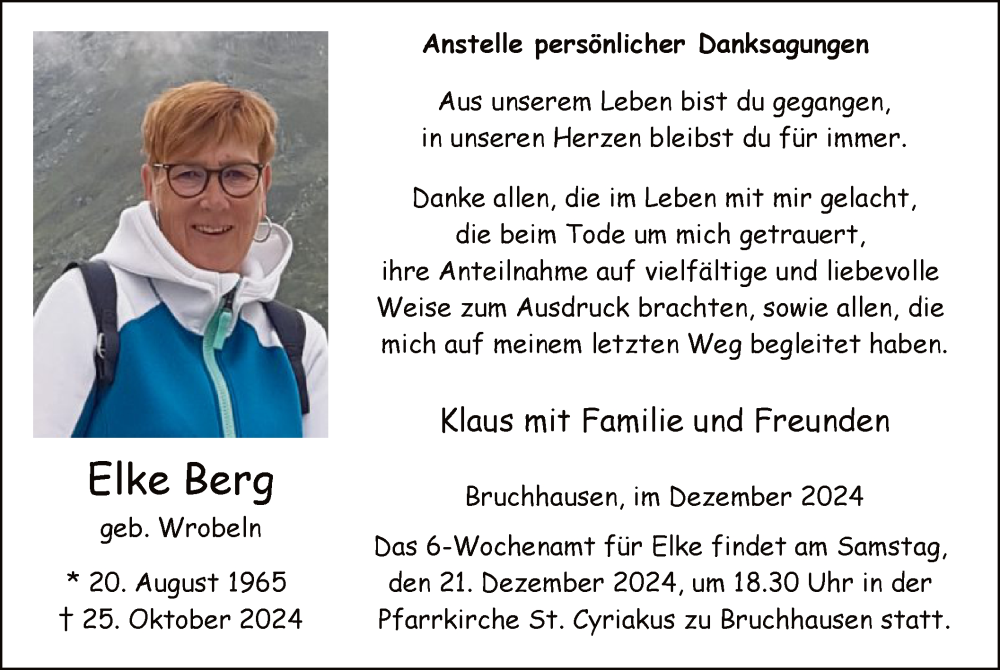  Traueranzeige für Elke Berg vom 14.12.2024 aus WA
