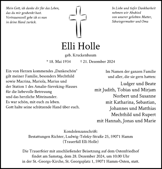 Traueranzeige von Elli Holle von WA