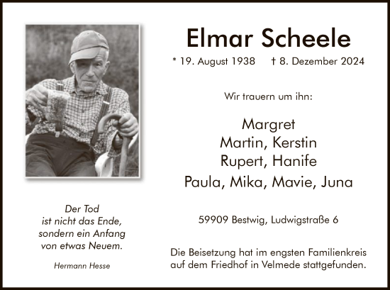 Traueranzeige von Elmar Scheele von WA