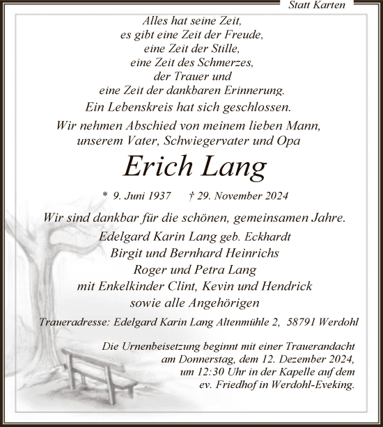 Traueranzeige von Erich Lang von WA