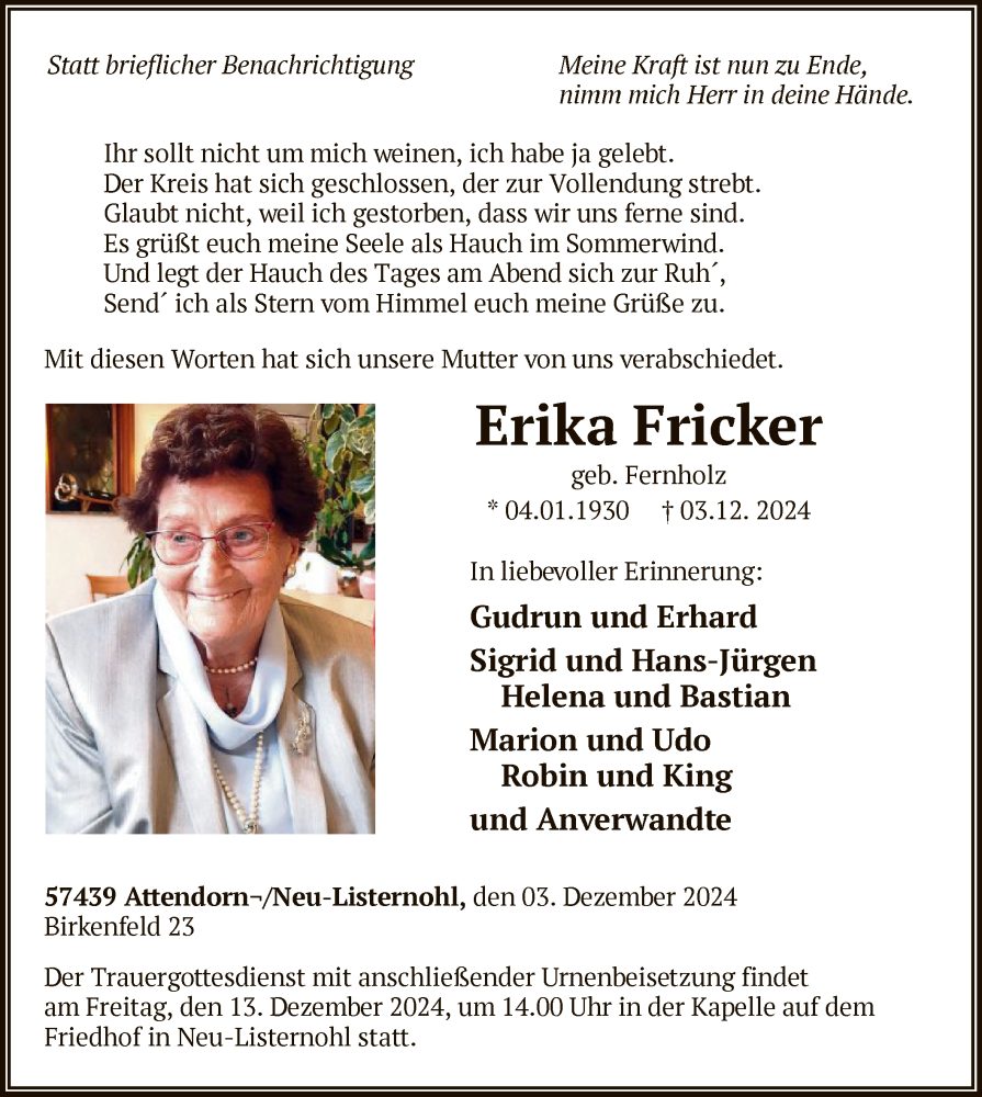  Traueranzeige für Erika Fricker vom 07.12.2024 aus WA