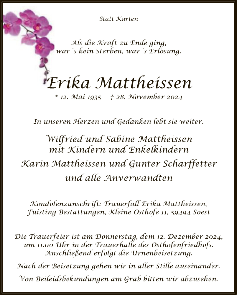  Traueranzeige für Erika Mattheissen vom 07.12.2024 aus WA