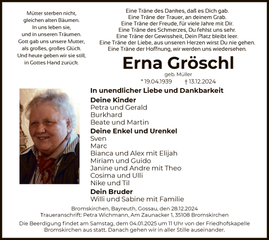 Traueranzeige von Erna Gröschl von WA