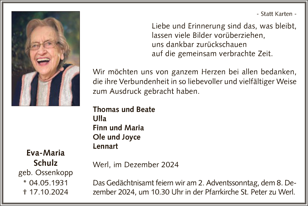  Traueranzeige für Eva-Maria Schulz vom 03.12.2024 aus WA
