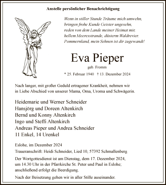 Traueranzeige von Eva Pieper von WA