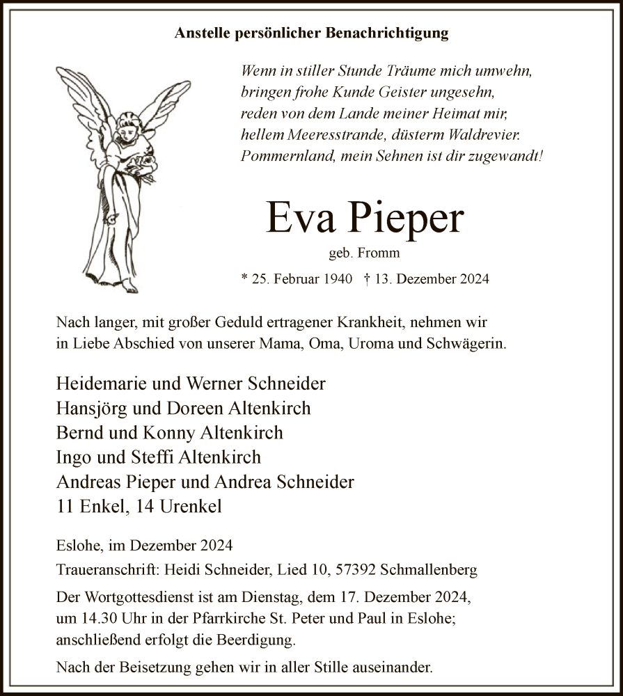  Traueranzeige für Eva Pieper vom 14.12.2024 aus WA