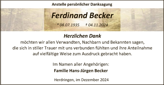 Traueranzeige von Ferdinand Becker von WA
