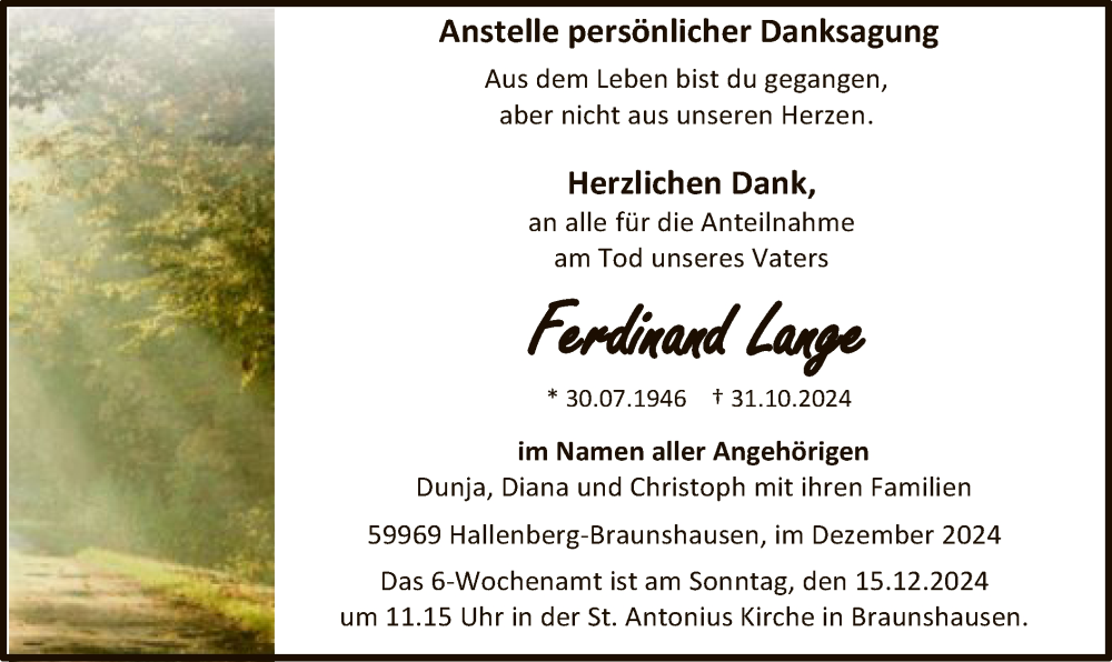  Traueranzeige für Ferdinand Lange vom 14.12.2024 aus WA