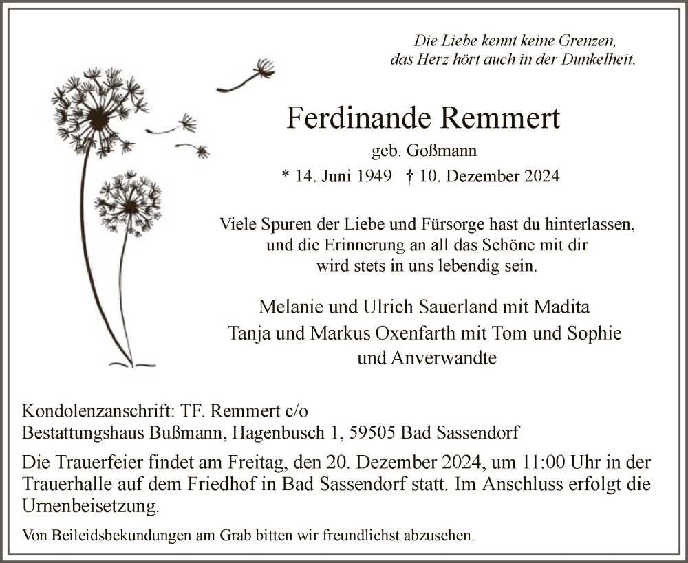  Traueranzeige für Ferdinande Remmert vom 14.12.2024 aus WA