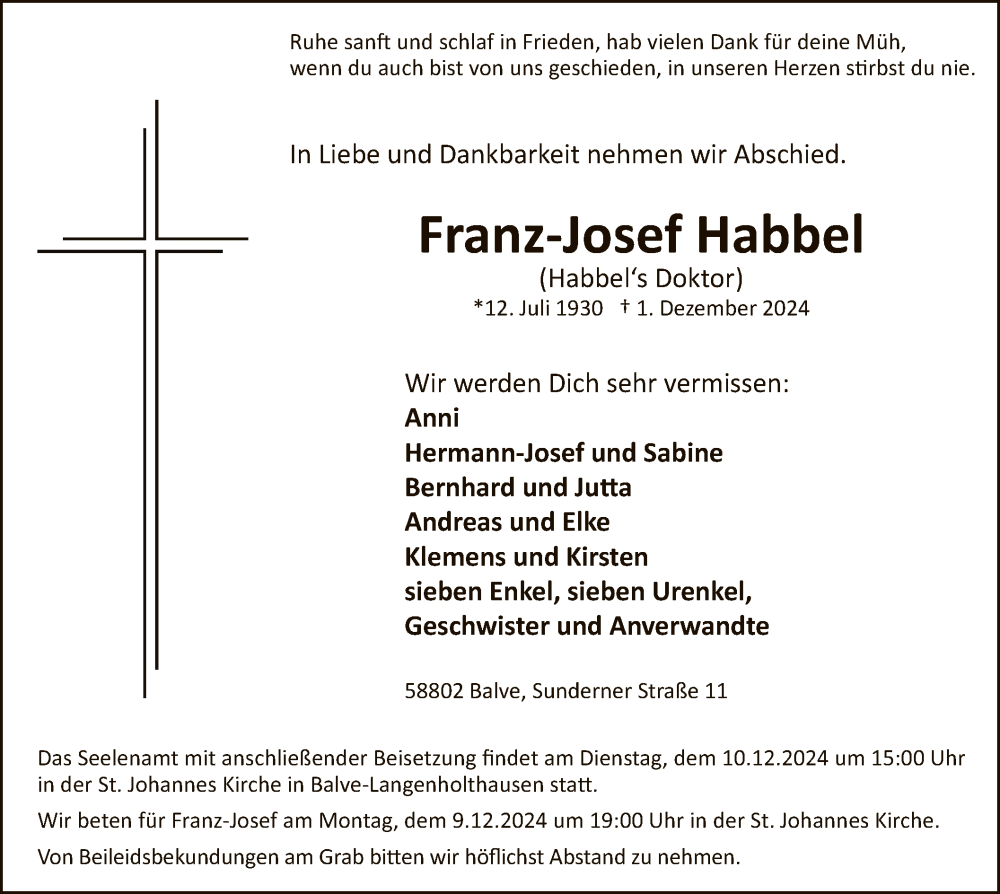  Traueranzeige für Franz-Josef Habbel vom 07.12.2024 aus WAWA