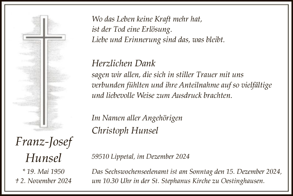  Traueranzeige für Franz-Josef Hunsel vom 07.12.2024 aus WA