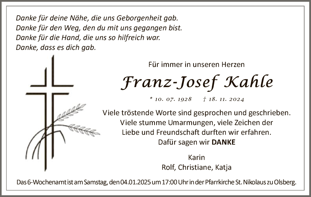  Traueranzeige für Franz-Josef Kahle vom 28.12.2024 aus WA