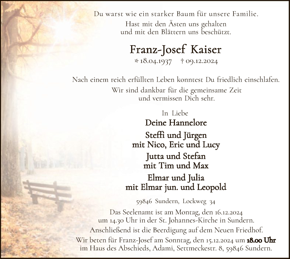  Traueranzeige für Franz-Josef Kaiser vom 14.12.2024 aus WA