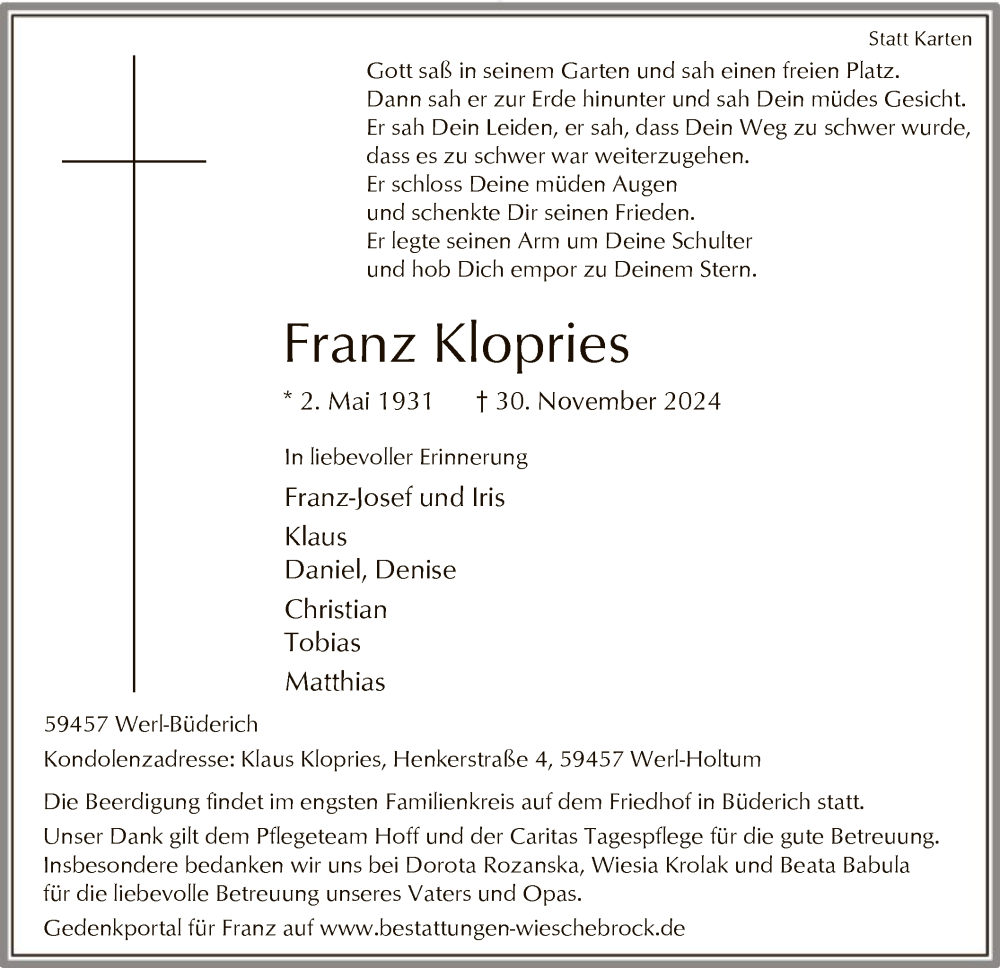  Traueranzeige für Franz Klopries vom 07.12.2024 aus WA