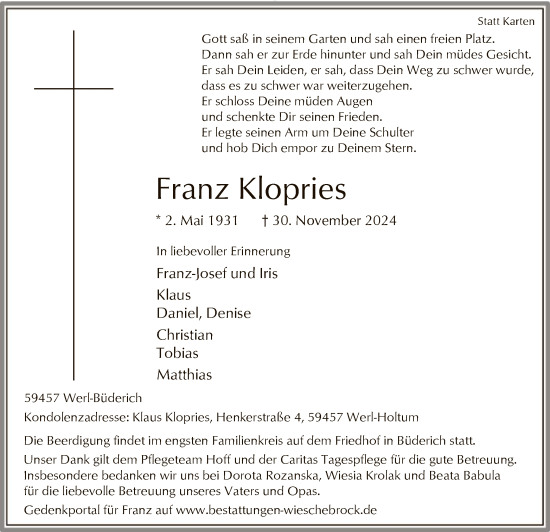 Traueranzeige von Franz Klopries von WA