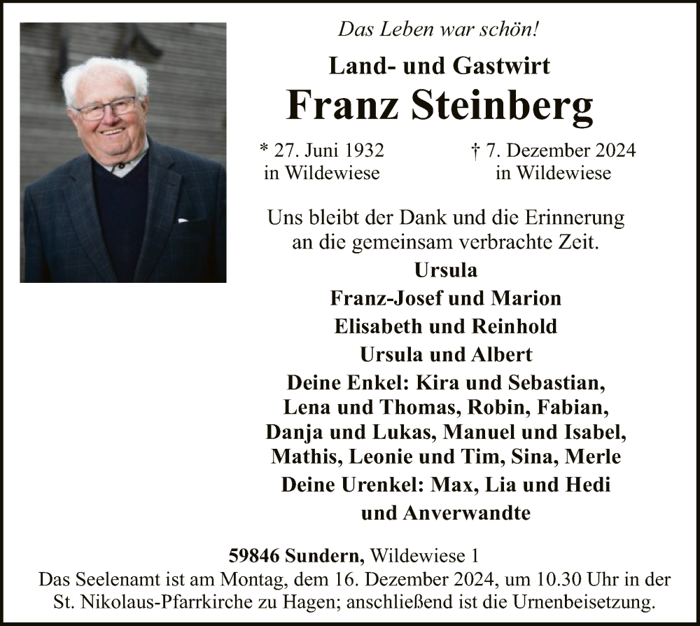  Traueranzeige für Franz Steinberg vom 14.12.2024 aus WA
