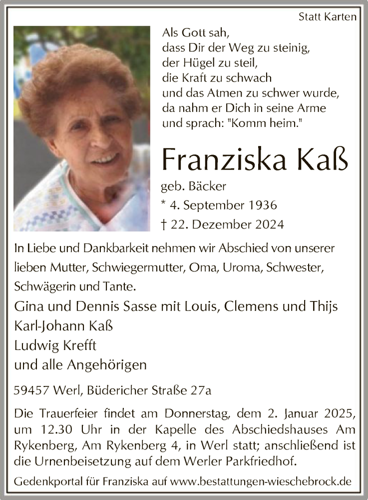  Traueranzeige für Franziska Kaß vom 28.12.2024 aus WA