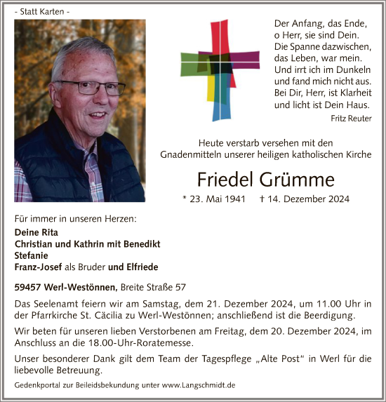 Traueranzeige von Friedel Grümme von WA