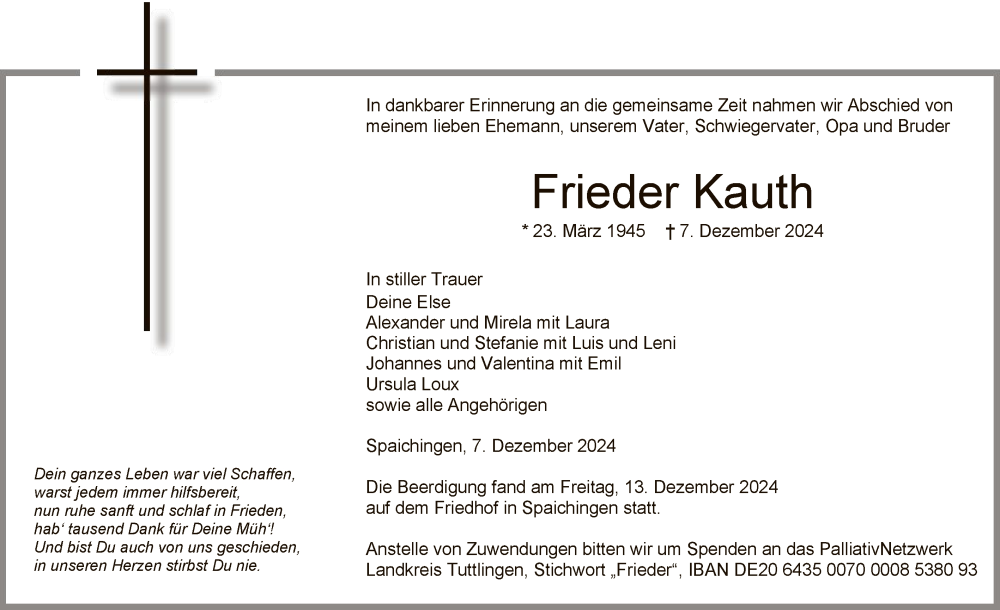  Traueranzeige für Frieder Kauth vom 14.12.2024 aus WA