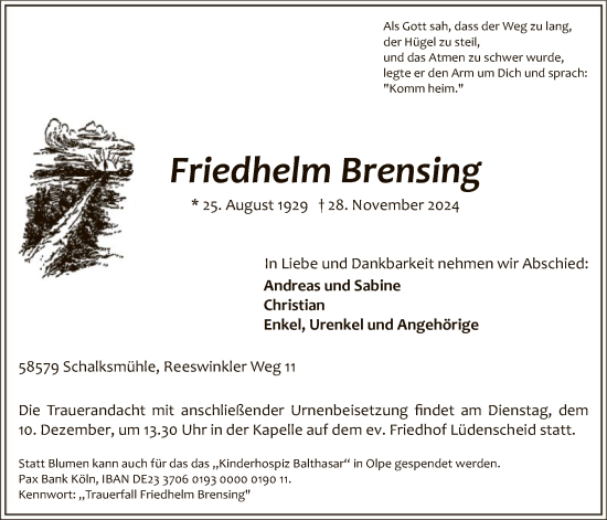 Traueranzeige von Friedhelm Brensing von WA